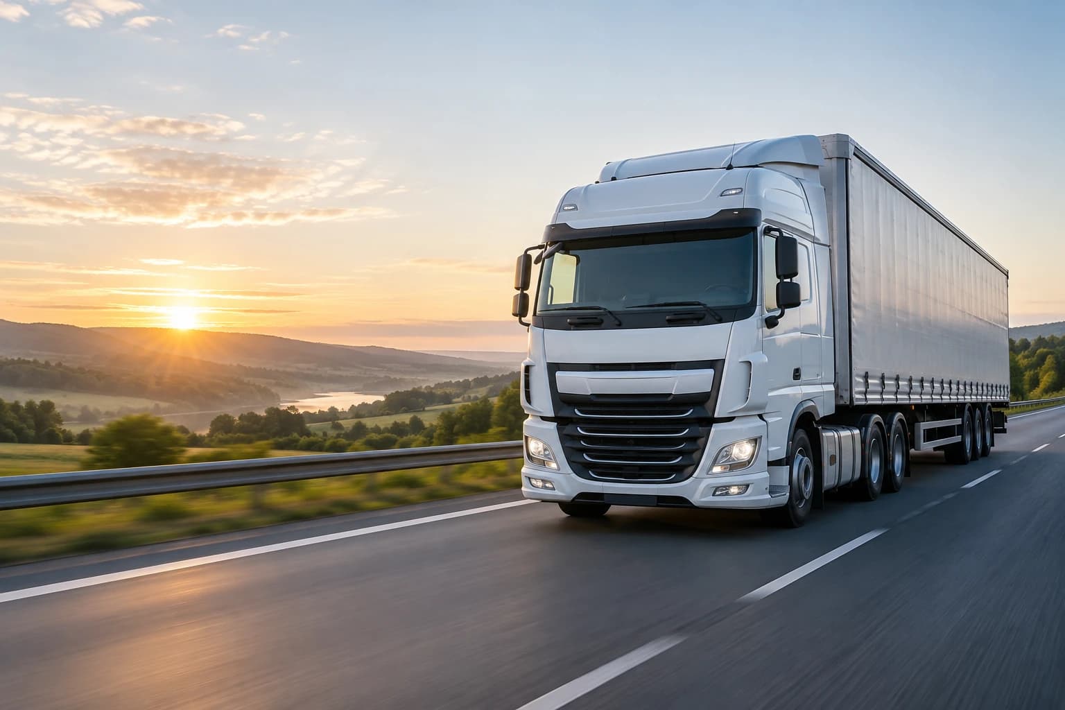 White articulated lorry travelling through the UK countryside